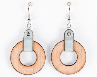 Wood and Leather Dangle Earrings, Ozone Style (Pale Blue / Alder)