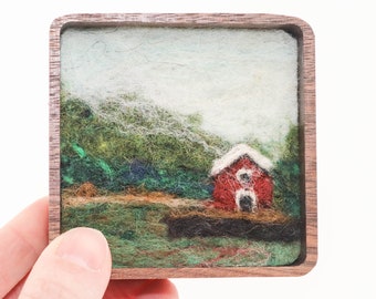 Mini Wool Landscape Painting, Needle Felted Fiber Art, Fishing Cabin (Square 3x3 Wood Frame)