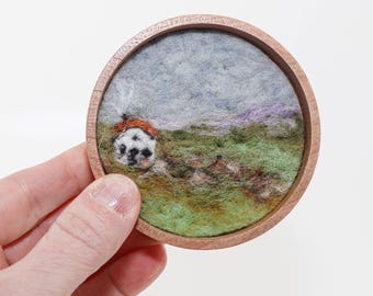 Mini Wool Landscape Painting, Needle Felted Fiber Art, Emerald Isle #9 (3 inch Wood Frame)