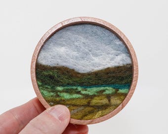 Mini Wool Landscape Painting, Needle Felted Fiber Art, Emerald Isle #6 (3 inch Wood Frame)