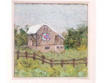 Pintura de paisaje en lana, arte en fibra de fieltro con aguja, colcha marrón con cerca de granero (7x7)