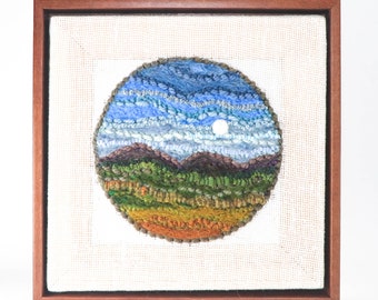 Mixed Media Fiber Art Landscape, Mountain Moon Number 2 (12x12) Rug Hooking, Punching, Needle Felting