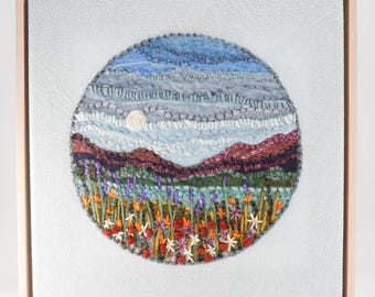 Mixed Media Fiber Art Landscape, Wildflowers at Moonrise (15x15) Rug Hooking, Punching, Needle Felting