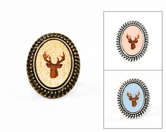 Deer Head Ring - Laser Engraved Wood in Adjustable Oval Setting (choose your color / custom made jewelry)