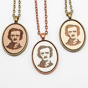 Edgar Allan Poe Pendant Necklace - Laser Engraved Wooden Cameo Featuring Portrait of Famous American Writer (Custom Made / Any Color)