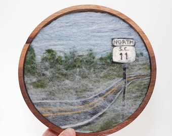 Round Wool Landscape Painting, Needle Felted Fiber Art, Foggy Highway (7 inch Wood Frame)