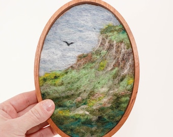 Oval Wool Landscape Painting, Needle Felted Fiber Art, Emerald Isle #4 (7 inch Wood Frame)