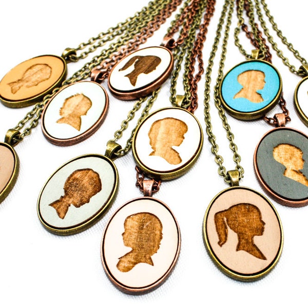 Personalized Portrait Pendant, Children's Silhouette Laser Engraved in Wood Cameo, Mother's Day Gift Idea (Choose Your Color)