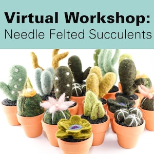 Puede incluir: Una colección de plantas suculentas afieltradas con aguja en pequeñas macetas de terracota. Las suculentas son de varios tonos de verde, amarillo y marrón, algunas con detalles en rosa y blanco. El texto "Virtual Workshop: Needle Felted Succulents" está en la parte superior.
