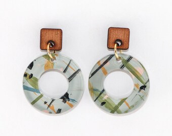 Abstract Painted Acrylic Dangle Earrings, Ozone Style, Studio Graffiti Collection (Garden Sage Colorway)