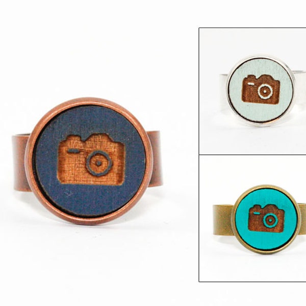 Camera Ring - Photographer Jewelry - Laser Cut Engraved Wood in Adjustable Setting (Choose Your Color / Made To Order)