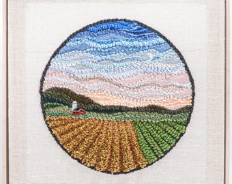 Mixed Media Fiber Art Landscape, Farmscape (21x21) Rug Hooking, Punching, Needle Felting