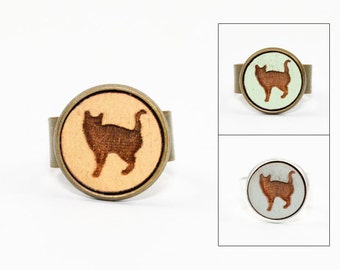 Cat Ring - Laser Cut - Engraved Wood in Adjustable Setting (Choose Your Color / Made To Order)