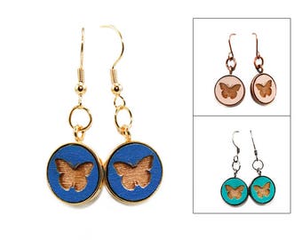 Butterfly Dangle Earrings - Laser Engraved Wood Featuring Insects (Choose Your Color)