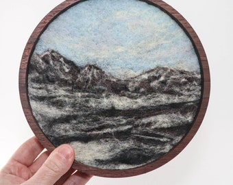 Wool Landscape Painting, Needle Felted Fiber Art, Glacier View, Iceland (7 Inch Round Wood Frame)