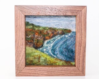 Wool Landscape Painting, Needle Felted Fiber Art, Emerald Isle #3 (5x5)