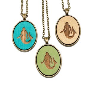 Mermaid Pendant, Laser Engraved Wooden Cameo Necklace Featuring Mythological Creature (Custom Made, Any Color)