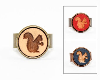 Squirrel Ring - Laser Cut Wood in Adjustable Setting (Choose Your Color / Made To Order)
