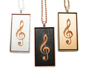 Treble Clef Pendant - Engraved Wooden Cameo Necklace (Custom Made / Personalized) - Music Teacher Gift