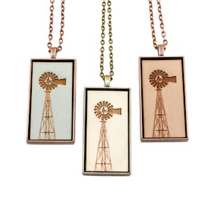 Windmill Pendant - Engraved Wooden Cameo Necklace Featuring Farm Landmark (Custom Made / Personalized) - Gifts for Her