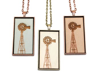 Windmill Pendant - Engraved Wooden Cameo Necklace Featuring Farm Landmark (Custom Made / Personalized) - Gifts for Her