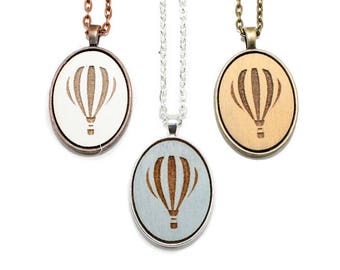 Hot Air Balloon Pendant - Laser Engraved Wooden Cameo Necklace (Any Color - Custom Made) - Gifts for Her