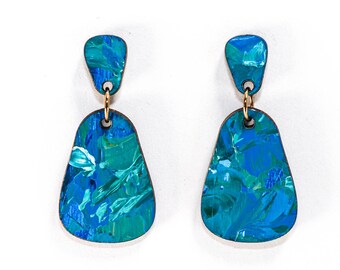 Abstract Art Earrings, Studio Graffiti Palette Knife Painted Dangle Earrings, Dewdrop (Great Lakes Colorway)