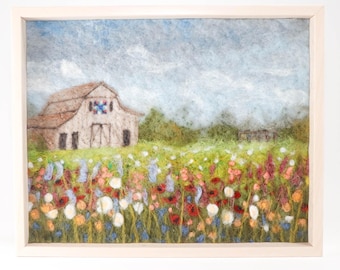Pintura de paisaje en lana, arte en fibra de fieltro con aguja, colcha de granero con flores silvestres (8x10)