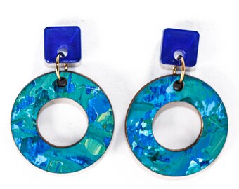 Abstract Art Earrings, Studio Graffiti Palette Knife Painted Dangle Earrings, Ozone Hoop (Great Lakes Colorway)