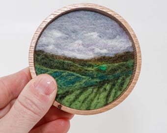 Mini Wool Landscape Painting, Needle Felted Fiber Art, Emerald Isle #12 (3 inch Wood Frame)