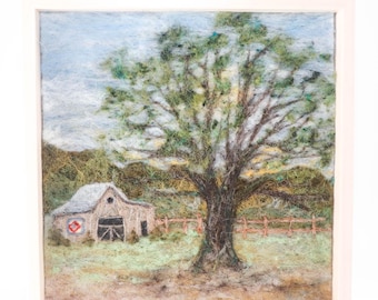 Pintura de paisaje en lana, arte en fibra de fieltro con aguja, colcha de granero con árbol (8x8)