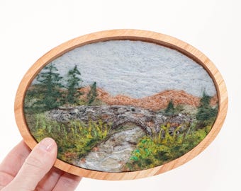 Oval Wool Landscape Painting, Needle Felted Fiber Art, Emerald Isle #1 (7 inch Wood Frame)