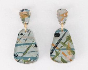 Abstract Painted Acrylic Dangle Earrings, Dewdrop Style, Studio Graffiti Collection (Garden Sage Colorway)