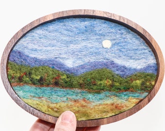 Oval Wool Landscape Painting, Needle Felted Fiber Art, Mountain Lake Moon (7 inch Wood Frame)