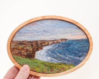 Oval Wool Landscape Painting, Needle Felted Fiber Art, Emerald Isle #2 (7 inch Wood Frame)