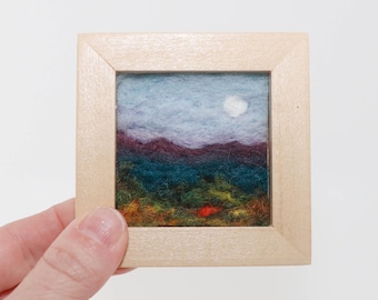 Small Wool Landscape Painting, Needle Felted Fiber Art, Morning Moon (3 Inch Wood Frame)