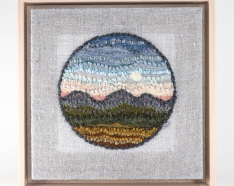 Mixed Media Fiber Art Landscape, Mountain Moon Number 1 (11x11) Rug Hooking, Punching, Needle Felting