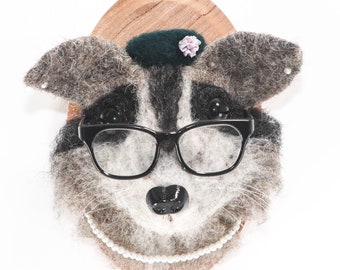 Needle Felted Raccoon Portrait (Pill Box Hat, Glasses, Pearl Necklace)