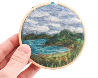 Mini Needle Felted Wool Landscape Painting, The Lake on a Cloudy Day (4 inch embroidery hoop)