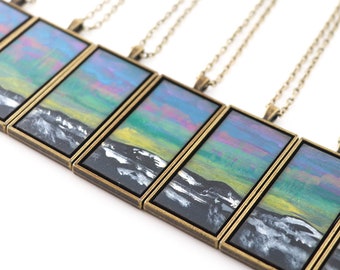 Painted Landscape Pendant, Northern Lights, Aurora Borealis (Original Painting Necklace in Brass or Copper Setting)