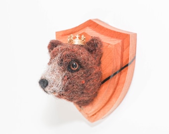 Needle Felted Bear Portrait with Crown, Animal Kingdom Collection