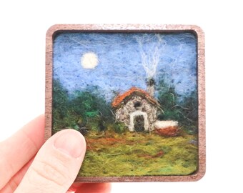 Mini Needle Felted Wool Landscape Painting, Midnight at the Cottage (3x3)