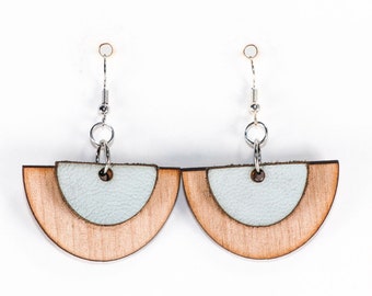 Wood and Leather Dangle Earrings, Half Circle Style (Pale Blue / Alder)