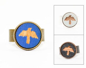 Bird Ring - Flying Crow Jewelry - Laser Cut Engraved Wood in Adjustable Setting (Choose Your Color / Made To Order)