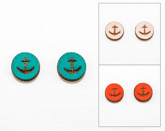 Anchor Design - Post Earrings - Laser Cut Wooden Studs (Choose Your Color)