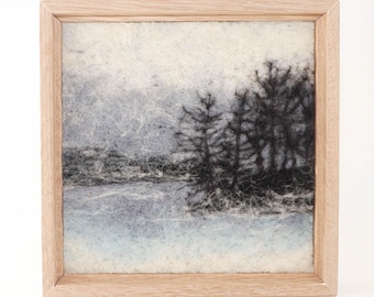 Mini Wool Landscape Painting, Needle Felted Fiber Art, Snowfall at the Lake (7x7 Frame)