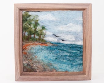 Pintura de paisaje en lana, arte en fibra de fieltro con aguja, vista al lago (marco de madera de 5 pulgadas)
