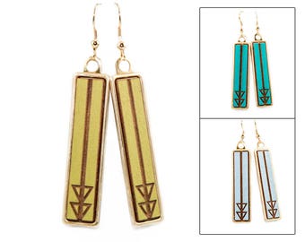 Wood Dangle Earrings - Arrow Pattern Laser Engraved (Brass Setting / Choose Your Color) Hypoallergenic