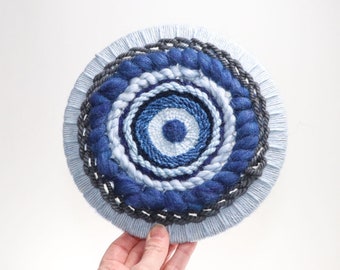 Circular Weaving, Round Fiber Art, Cobalt Blue (8 inches)