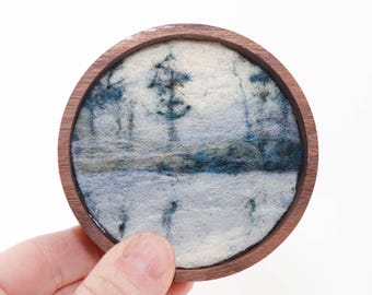 Mini Wool Landscape Painting, Needle Felted Fiber Art, Foggy Lake (3 inch Wood Frame)